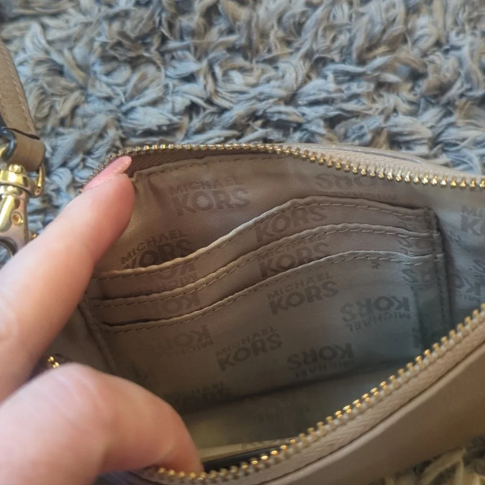 Michael Kors Taupe And Gold Wristlet Hand Bag